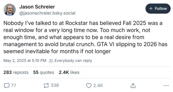 jason-schreiers-bluesky Rockstar Never Truly Believed GTA 6 Could Drop in Fall 2025